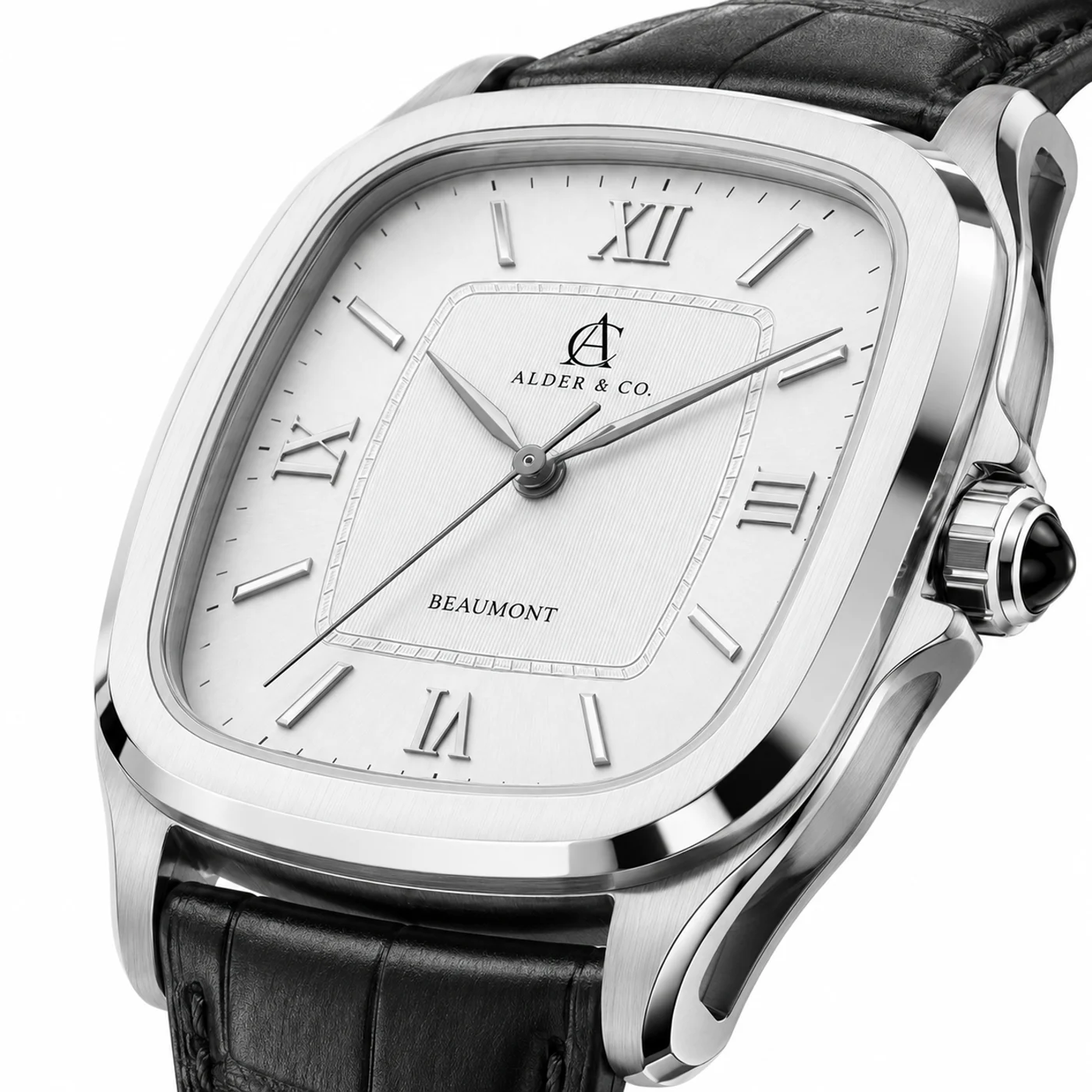 Macro detail of the Beaumont dial, white background