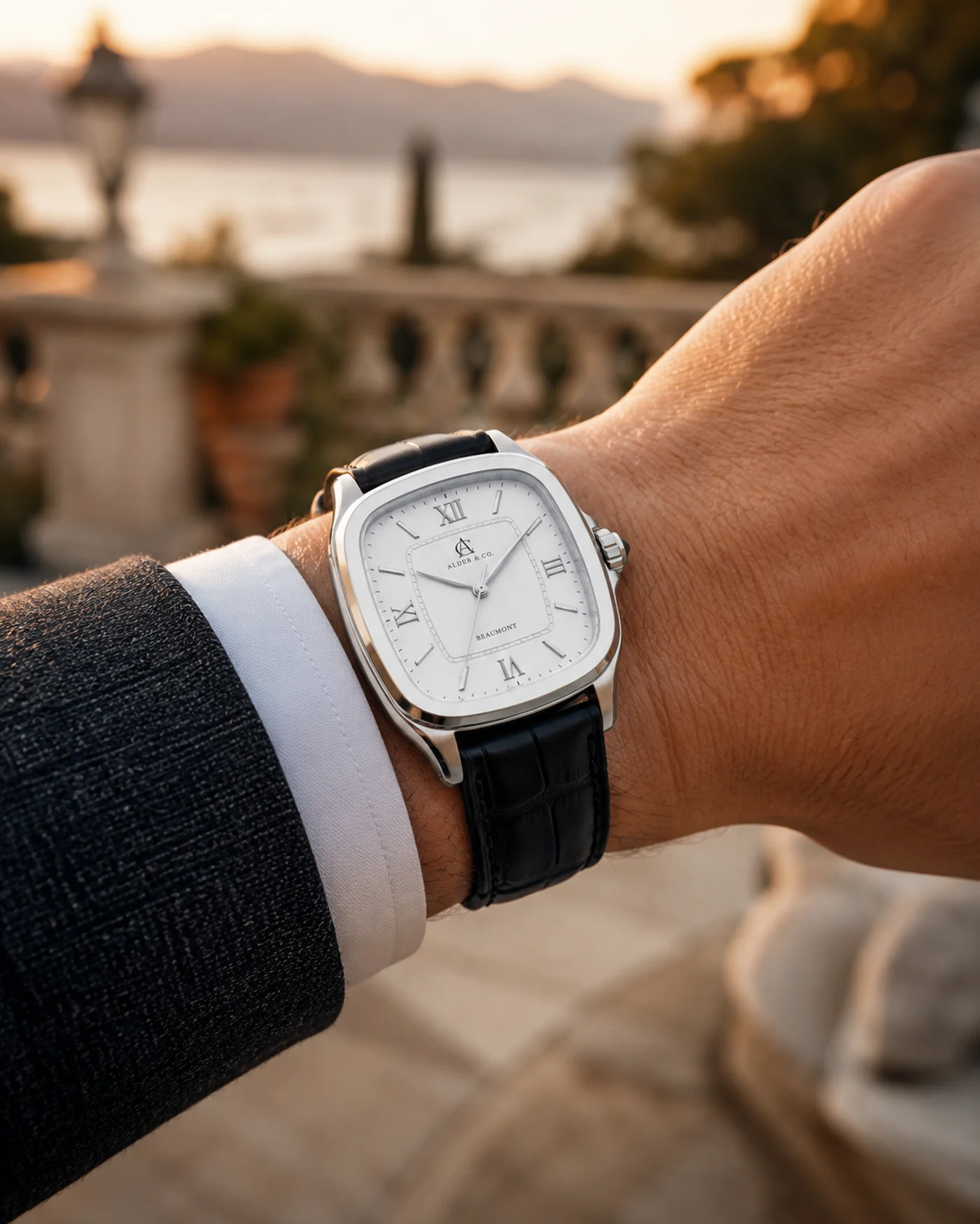 The Beaumont worn on the wrist in black tie attire